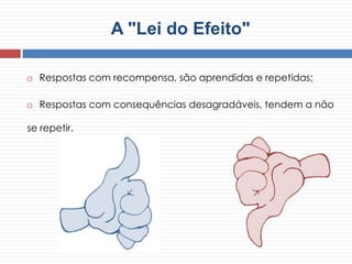  Respostas com recompensa, são aprendidas e repetidas;
 Respostas com consequências desagradáveis, tendem a não
se repetir.
A "Lei do Efeito"
 