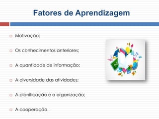 Fatores de Aprendizagem
 Motivação;
 Os conhecimentos anteriores;
 A quantidade de informação;
 A diversidade das atividades;
 A planificação e a organização;
 A cooperação.
 