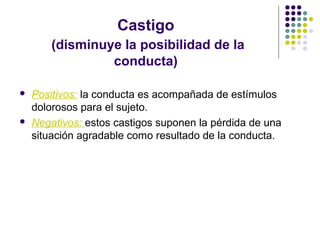 Castigo
(disminuye la posibilidad de la
conducta)
 Positivos: la conducta es acompañada de estímulos
dolorosos para el sujeto.
 Negativos: estos castigos suponen la pérdida de una
situación agradable como resultado de la conducta.
 