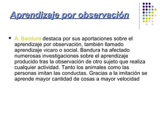 Aprendizaje por observaciónAprendizaje por observación
 A. Bandura destaca por sus aportaciones sobre el
aprendizaje por observación, también llamado
aprendizaje vicaro o social. Bandura ha afectado
numerosas investigaciones sobre el aprendizaje
producido tras la observación de otro sujeto que realiza
cualquier actividad. Tanto los animales como las
personas imitan las conductas. Gracias a la imitación se
aprende mayor cantidad de cosas a mayor velocidad
 