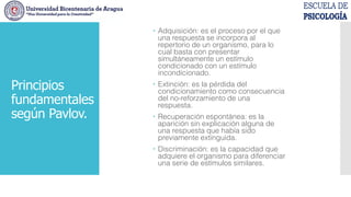 Principios
fundamentales
según Pavlov.
 Adquisición: es el proceso por el que
una respuesta se incorpora al
repertorio de un organismo, para lo
cual basta con presentar
simultáneamente un estímulo
condicionado con un estímulo
incondicionado.
 Extinción: es la pérdida del
condicionamiento como consecuencia
del no-reforzamiento de una
respuesta.
 Recuperación espontánea: es la
aparición sin explicación alguna de
una respuesta que había sido
previamente extinguida.
 Discriminación: es la capacidad que
adquiere el organismo para diferenciar
una serie de estímulos similares.
 