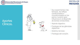 Aportes
Clínicos.
 Sus experimentos más
famosos, de reflejos
condicionados e
incondicionados en los
perros, tuvieron gran
influencia en el desarrollo
de teorías conductistas.
 Aparato digestivo.
 Fisiología de las glándulas
digestivas.
 Sistema nervioso.
 Fisiología del corazón.
 