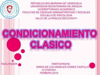 REPUBLICA BOLIBARIANA DE VENEZUELA
UNIVERSIDAD BICENTENARIA DE ARAGUA
VICEREPTORADO ACADEMICO
FACULTAD DE CIENCIAS ADMINISTRATIVAS Y SOCIALES
ESCUELA DE PSICOLOGIA
VALLE DE LA PASCUA SECCION P1
FACILITADOR: PARTICIPANTE:
MARIA DE LOS ANGELES GOMEZ CASTILLO
CI:27907041
FERBERO,2019
 