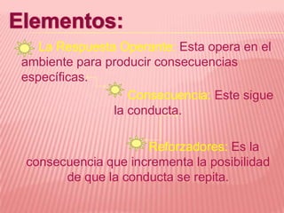 La Respuesta Operante: Esta opera en el
ambiente para producir consecuencias
específicas.
                  Consecuencia: Este sigue
               la conducta.

                    Reforzadores: Es la
consecuencia que incrementa la posibilidad
      de que la conducta se repita.
 