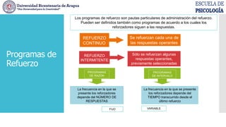 Los programas de refuerzo son pautas particulares de administración del refuerzo.
Pueden ser definidos también como programas de acuerdo a los cuales los
reforzadores siguen a las respuestas.
REFUERZO
CONTINUO
Se refuerzan cada una de
las respuestas operantes
REFUERZO
INTERMITENTE
Sólo se refuerzan algunas
respuestas operantes,
previamente seleccionadas
La frecuencia en la que se
presente los reforzadores
depende del NÚMERO DE
RESPUESTAS
PROGRAMAS
DE RAZÓN
La frecuencia en la que se presente
los reforzadores depende del
TIEMPO transcurrido desde el
último refuerzo
PROGRAMAS
DE INTERVALO
FIJO VARIABLE
Programas de
Refuerzo
 