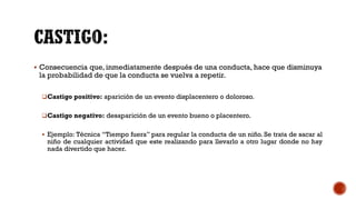▪ Consecuencia que, inmediatamente después de una conducta, hace que disminuya
la probabilidad de que la conducta se vuelva a repetir.
❑Castigo positivo: aparición de un evento displacentero o doloroso.
❑Castigo negativo: desaparición de un evento bueno o placentero.
▪ Ejemplo: Técnica “Tiempo fuera” para regular la conducta de un niño. Se trata de sacar al
niño de cualquier actividad que este realizando para llevarlo a otro lugar donde no hay
nada divertido que hacer.
 