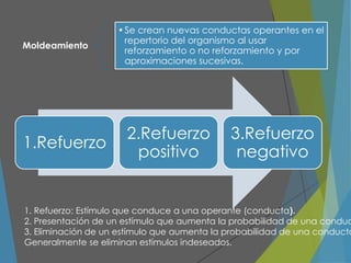 1.Refuerzo
2.Refuerzo
positivo
3.Refuerzo
negativo
Moldeamiento
•Se crean nuevas conductas operantes en el
repertorio del organismo al usar
reforzamiento o no reforzamiento y por
aproximaciones sucesivas.
1. Refuerzo: Estímulo que conduce a una operante (conducta).
2. Presentación de un estímulo que aumenta la probabilidad de una conduc
3. Eliminación de un estímulo que aumenta la probabilidad de una conducta
Generalmente se eliminan estímulos indeseados.
 