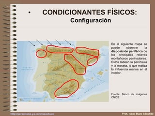 CONDICIONANTES FÍSICOS:   Configuración En el siguiente mapa se puede observar la  disposición periférica  de los principales relieves montañosos peninsulares. Estos rodean la península y la meseta, lo que matiza la influencia marina en el interior. Fuente: Banco de imágenes CNICE Prof. Isaac Buzo Sánchez 