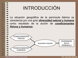 INTRODUCCIÓN La situación geográfica de la península ibérica se caracteriza por una gran  diversidad natural y humana  como resultado de la acción de  condicionantes físicos y humanos . Prof. Isaac Buzo Sánchez Actuación conjunta DIVERSIDAD EN LA PENÍNSULA CONDICIONANTES HUMANOS CONDICIONANTES FÍSICOS 