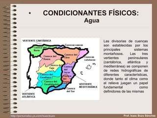 CONDICIONANTES FÍSICOS:  Agua Prof. Isaac Buzo Sánchez Las divisorias de cuencas son establecidas por los principales sistemas montañosos. Las tres vertientes peninsulares (cantábrica, atlántica y mediterránea) se componen de redes hidrográficas de diferentes características, donde tanto el clima como el relieve juegan un papel fundamental como definidores de las mismas 