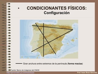 CONDICIONANTES FÍSICOS: Configuración Fuente: Banco de imágenes del CNICE Prof. Isaac Buzo Sánchez Gran anchura entre extremos de la península ( forma maciza ) 