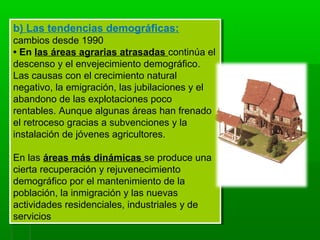b) Las tendencias demográficas:
cambios desde 1990
• En las áreas agrarias atrasadas continúa el
descenso y el envejecimiento demográfico.
Las causas con el crecimiento natural
negativo, la emigración, las jubilaciones y el
abandono de las explotaciones poco
rentables. Aunque algunas áreas han frenado
el retroceso gracias a subvenciones y la
instalación de jóvenes agricultores.
En las áreas más dinámicas se produce una
cierta recuperación y rejuvenecimiento
demográfico por el mantenimiento de la
población, la inmigración y las nuevas
actividades residenciales, industriales y de
servicios
b) Las tendencias demográficas:
cambios desde 1990
• En las áreas agrarias atrasadas continúa el
descenso y el envejecimiento demográfico.
Las causas con el crecimiento natural
negativo, la emigración, las jubilaciones y el
abandono de las explotaciones poco
rentables. Aunque algunas áreas han frenado
el retroceso gracias a subvenciones y la
instalación de jóvenes agricultores.
En las áreas más dinámicas se produce una
cierta recuperación y rejuvenecimiento
demográfico por el mantenimiento de la
población, la inmigración y las nuevas
actividades residenciales, industriales y de
servicios
 