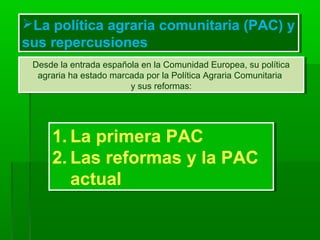 La política agraria comunitaria (PAC) y
sus repercusiones
La política agraria comunitaria (PAC) y
sus repercusiones
Desde la entrada española en la Comunidad Europea, su política
agraria ha estado marcada por la Política Agraria Comunitaria
y sus reformas:
Desde la entrada española en la Comunidad Europea, su política
agraria ha estado marcada por la Política Agraria Comunitaria
y sus reformas:
1. La primera PAC
2. Las reformas y la PAC
actual
1. La primera PAC
2. Las reformas y la PAC
actual
 