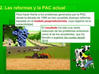 2. Las reformas y la PAC actual
Para hacer frente a los problemas generados por la PAC,
desde la década de 1990 se han sucedido diversas reformas
basadas en el modelo posproductivista, cuyo objetivo es la
sostenibilidad.
El resultado ha sido una cierta
reducción de los problemas anteriores
como el de los excedentes, que ha
llevado a suprimir las cuotas desde
2015
 