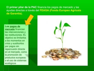 El primer pilar de la PAC financia los pagos de mercado y las
ayudas directas a través del FEAGA (Fondo Europeo Agrícola
de Garantía).
Los pagos de
mercado financian
las intervenciones y
las restituciones. EL
objetivo es limitarlos
a los momentos en
crisis y sustituirlos
por pagos sin
repercusión directa
en el mercado, como
la promoción de
productos europeos
o el uso de sistemas
ecológicos
Los pagos de
mercado financian
las intervenciones y
las restituciones. EL
objetivo es limitarlos
a los momentos en
crisis y sustituirlos
por pagos sin
repercusión directa
en el mercado, como
la promoción de
productos europeos
o el uso de sistemas
ecológicos
 