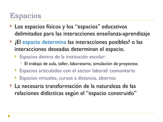 Espacios Los espacios físicos y los “espacios” educativos delimitados para las interacciones enseñanza-aprendizaje ¿El  espacio determina  las interacciones posibles? o las interacciones deseadas determinan el espacio. Espacios dentro de la institución escolar: El trabajo de aula, taller, laboratorio, simulación de proyectos Espacios articulados con el sector laboral/ comunitario Espacios virtuales, cursos a distancia, abiertos  La necesaria transformación de la naturaleza de las relaciones didácticas según el “espacio construido”  