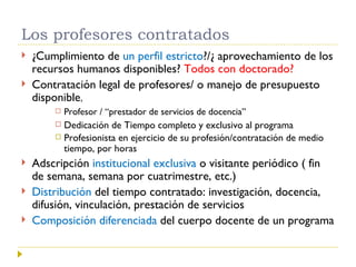 Los profesores contratados ¿Cumplimiento de  un perfil estricto ?/¿ aprovechamiento de los recursos humanos disponibles?  Todos con doctorado? Contratación legal de profesores/ o manejo de presupuesto disponible ,  Profesor / “prestador de servicios de docencia” Dedicación de Tiempo completo y exclusivo al programa Profesionista en ejercicio de su profesión/contratación de medio tiempo, por horas Adscripción  institucional exclusiva  o visitante periódico ( fin de semana, semana por cuatrimestre, etc.) Distribución  del tiempo contratado: investigación, docencia, difusión, vinculación, prestación de servicios Composición diferenciada  del cuerpo docente de un programa 