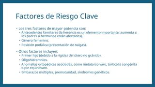 Factores de Riesgo Clave
• Los tres factores de mayor potencia son:
• Antecedentes familiares (la herencia es un elemento importante; aumenta si
los padres o hermanos están afectados).
• Género femenino.
• Posición podálica (presentación de nalgas).
• Otros factores incluyen:
• Primer hijo (debido a la rigidez del útero no grávido).
• Oligohidramnios.
• Anomalías ortopédicas asociadas, como metatarso varo, tortícolis congénita
o pie equinovaro.
• Embarazos múltiples, prematuridad, síndromes genéticos.
 
