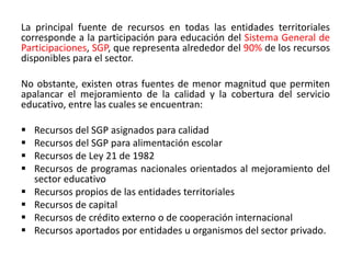 La principal fuente de recursos en todas las entidades territoriales 
corresponde a la participación para educación del Sistema General de 
Participaciones, SGP, que representa alrededor del 90% de los recursos 
disponibles para el sector. 
No obstante, existen otras fuentes de menor magnitud que permiten 
apalancar el mejoramiento de la calidad y la cobertura del servicio 
educativo, entre las cuales se encuentran: 
 Recursos del SGP asignados para calidad 
 Recursos del SGP para alimentación escolar 
 Recursos de Ley 21 de 1982 
 Recursos de programas nacionales orientados al mejoramiento del 
sector educativo 
 Recursos propios de las entidades territoriales 
 Recursos de capital 
 Recursos de crédito externo o de cooperación internacional 
 Recursos aportados por entidades u organismos del sector privado. 
 