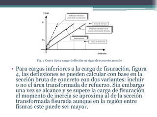 Fig. 4 Curva típica carga-deflexión en vigas de concreto armado

• Para cargas inferiores a la carga de fisuración, figura
4, las deflexiones se pueden calcular con base en la
sección bruta de concreto con dos variantes: incluir
o no el área transformada de refuerzo. Sin embargo
una vez se alcance y se supere la carga de fisuración
el momento de inercia se aproxima al de la sección
transformada fisurada aunque en la región entre
fisuras este puede ser mayor.

 
