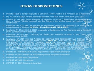 OTRAS DISPOSICIONES

   Decreto 56 (26-2-1971) Se aprueba el Convenio 119 OIT relativo a la Protección de la Maquinaria.
   Ley Nº 6 (4-1-2008) Convenio sobre la Seguridad y la Salud en la Construcción (167 OIT).
   Acuerdo Nº 148 del Consejo Municipal de Panamá (1-12-2006) Disposiciones relacionadas con el
    Libre y Seguro Tránsito peatonal por las Aceras y los predios donde se realizan obras de
    construcción.
   Resolución Nº JTIA 799 se aprueba el Reglamento Técnico de soldadura y el formulario de
    aplicación para el soldador (Articulo 15 incorpora ANSI Z49.1:2005).
   Resolución Nº JTIA 855 (9-6-2010) se aprueba el Reglamento de Aire Acondicionado y Ventilación
    (RAV) y presurización de escaleras.
   Resolución Nº JTIA 860 (1-9-2010) se adopta por referencia el NFPA 70 NEC 2008, como
    documento base del RIE.
   Resolución Nº JTIA 725 (12-7-2006) SE ADOPTAN POR REFERENCIA LAS NORMAS DE LA
    NATIONAL FIRE PROTECTION ASSOCIATION, NFPA 101, EDICIÓN 2003 EN ESPAÑOL, COMO
    REGLAMENTO DE SEGURIDAD HUMANA; NFPA 13, EDICIÓN 2002 EN ESPAÑOL, COMO
    REGLAMENTO DE SISTEMAS DE ROCIADORES CONTRA INCENDIOS; NFPA 20, EDICIÓN 1992 EN
    ESPAÑOL, COMO REGLAMENTO DE SISTEMAS DE BOMBAS ESTACIONARIAS CONTRA INCENDIOS;
    Y SE ASIGNAN FUNCIONES ADICIONALES AL COMITÉ CONSULTIVO PERMANENTE PARA EL
    ESTUDIO, ADAPTACIÓN Y APLICACIÓN DEL NFPA 101 – CÓDIGO DE SEGURIDAD HUMANA.
   Decreto Nº 770 MINSA (16-8-2010) Reglamento de protección radiológica.
   COPANIT 43-2001: Manejo de Sustancias Químicas y Espacios Confinados.
   COPANIT 44-2000:Ruido Ocupacional.
   COPANIT 45-2000: Vibraciones.
   COPANIT 81-2009 Sistema de barandas.
 