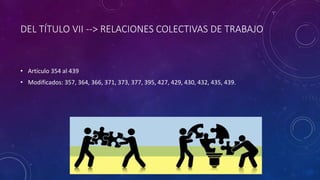DEL TÍTULO VII --> RELACIONES COLECTIVAS DE TRABAJO
• Artículo 354 al 439
• Modificados: 357, 364, 366, 371, 373, 377, 395, 427, 429, 430, 432, 435, 439.
 