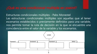¿Qué es una condicional multiple en pseint?
Estructuras condicionales múltiples - Pabs Monestel
Las estructuras condicionales múltiples son aquellas que al tener
escenarios establecidos o previamente definidos para una variable,
nos permite tomar la ruta de decisión en la que se encuentre una
coincidencia entre el valor de la variable y los escenarios.
 