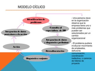 MODELO CÍCLICO
Identificación de
problemas
Consulta al
especialista de DO
Integración de datos
y diagnóstico preliminar
Retroalimentación
Diagnóstico conjunto
Acción
Integración de datos
posteriores a la acción
- Una persona clave
en la organización
observa que la
empresa tiene uno o
más problemas que
pueden ser
solucionados por un
cambio
organizacional
- El problema pudiera
involucrar movimiento
de empleados,
deficiente
comunicación,
coordinación
inefectiva, o carencia
de líderes de
proyecto
 