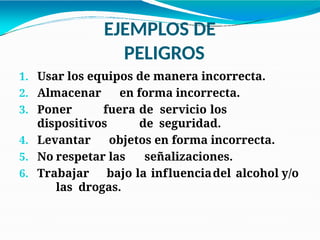EJEMPLOS DE
PELIGROS
1. Usar los equipos de manera incorrecta.
2. Almacenar en forma incorrecta.
3. Poner fuera de servicio los
dispositivos de seguridad.
4. Levantar objetos en forma incorrecta.
5. No respetar las señalizaciones.
6. Trabajar bajo la influenciadel alcohol y/o
las drogas.
 