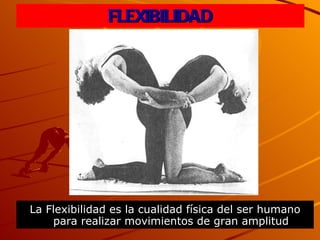 FLEXIBILIDAD La Flexibilidad es la cualidad física del ser humano para realizar movimientos de gran amplitud 