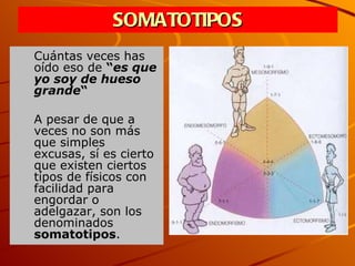 SOMATOTIPOS Cuántas veces has oído eso de  “ es que yo soy de hueso grande “  A pesar de que a veces no son más que simples excusas, sí es cierto que existen ciertos típos de físicos con facilidad para engordar o adelgazar, son los denominados  somatotipos . 