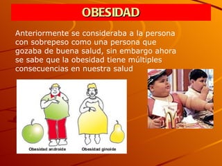 OBESIDAD Anteriormente se consideraba a la persona con sobrepeso como una persona que gozaba de buena salud, sin embargo ahora se sabe que la obesidad tiene múltiples consecuencias en nuestra salud  
