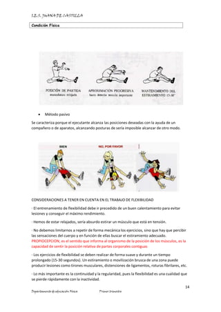 I.E.S. JUANA DE CASTILLA
Condición Física
14
Departamento de educación Física Primer trimestre
• Método pasivo
Se caracteriza porque el ejecutante alcanza las posiciones deseadas con la ayuda de un
compañero o de aparatos, alcanzando posturas de sería imposible alcanzar de otro modo.
CONSIDERACIONES A TENER EN CUENTA EN EL TRABAJO DE FLEXIBILIDAD
· El entrenamiento de flexibilidad debe ir precedido de un buen calentamiento para evitar
lesiones y conseguir el máximo rendimiento.
· Hemos de estar relajados, sería absurdo estirar un músculo que está en tensión.
· No debemos limitarnos a repetir de forma mecánica los ejercicios, sino que hay que percibir
las sensaciones del cuerpo y en función de ellas buscar el estiramiento adecuado.
PROPIOCEPCION; es el sentido que informa al organismo de la posición de los músculos, es la
capacidad de sentir la posición relativa de partes corporales contiguas
· Los ejercicios de flexibilidad se deben realizar de forma suave y durante un tiempo
prolongado (15-30 segundos). Un estiramiento o movilización brusca de una zona puede
producir lesiones como tirones musculares, distensiones de ligamentos, roturas fibrilares, etc.
· Lo más importante es la continuidad y la regularidad, pues la flexibilidad es una cualidad que
se pierde rápidamente con la inactividad.
 