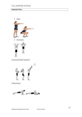 I.E.S. JUANA DE CASTILLA
Condición Física
17
Departamento de educación Física Primer trimestre
• Rufier
• Dominadas
Lanzamiento balón medicinal
Flexión brazos
 