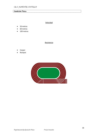 I.E.S. JUANA DE CASTILLA
Condición Física
18
Departamento de educación Física Primer trimestre
Velocidad
• 50 metros
• 60 metros
• 100 metros
Resistencia
• Cooper
• Rockpot
 