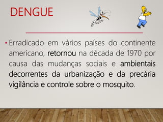 DENGUE
• Erradicado em vários países do continente
americano, retornou na década de 1970 por
causa das mudanças sociais e ambientais
decorrentes da urbanização e da precária
vigilância e controle sobre o mosquito.
 