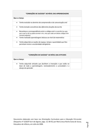 Página2 
“CONDIÇÕES DE SUCESSO” AO NÍVEL DAS APRENDIZAGENS 
Que a criança: 
 Tenha evoluído no domínio da compreensão e da comunicação oral 
 Tenha tomado consciência das diferentes funções da escrita 
 Reconheça a correspondência entre o código oral e o escrito (ou seja, 
que o que se diz se pode escrever e ler, mas que cada um destes códigos tem 
normas próprias) 
 Tenha realizado aprendizagens básicas ao nível da matemática 
 Tenha adquirido as noções de espaço, tempo e quantidade que lhes 
permitam iniciar a escolaridade obrigatória. 
“CONDIÇÕES DE SUCESSO” AO NÍVEL DAS ATITUDES 
Que a criança: 
 Tenha adquirido atitudes que facilitam a transição e que estão na 
base de toda a aprendizagem, nomeadamente a curiosidade e o 
desejo de aprender 
Documento elaborado com base nas Orientações Curriculares para a Educação Pré-escolar 
(Despacho nº 5220/97 de 4 de Agosto, págs. 13, 90-91) por Maria Jesus Rocha Costa de Sousa, 
Educadora de Infância, em Julho de 2008. 
