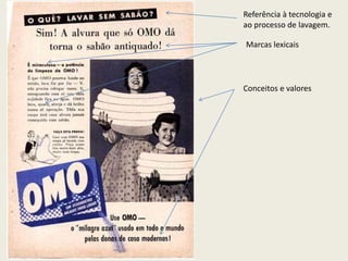 Referência à tecnologia e
ao processo de lavagem.
Marcas lexicais
Conceitos e valores
 