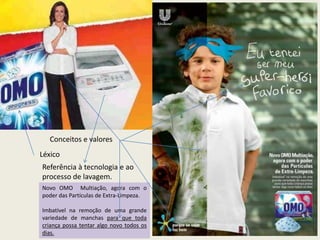 Conceitos e valores
Novo OMO Multiação, agora com o
poder das Partículas de Extra-Limpeza.
Imbatível na remoção de uma grande
variedade de manchas para que toda
criança possa tentar algo novo todos os
dias.
Léxico
Referência à tecnologia e ao
processo de lavagem.
 