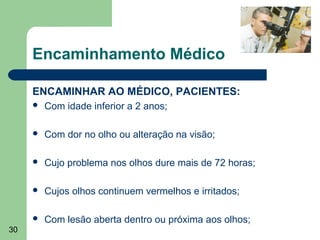 Encaminhamento Médico

     ENCAMINHAR AO MÉDICO, PACIENTES:
        Com idade inferior a 2 anos;

        Com dor no olho ou alteração na visão;

        Cujo problema nos olhos dure mais de 72 horas;

        Cujos olhos continuem vermelhos e irritados;

        Com lesão aberta dentro ou próxima aos olhos;
30
 