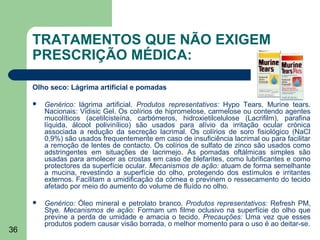 TRATAMENTOS QUE NÃO EXIGEM
     PRESCRIÇÃO MÉDICA:

     Olho seco: Lágrima artificial e pomadas

        Genérico: lágrima artificial. Produtos representativos: Hypo Tears, Murine tears.
         Nacionais: Vidisic Gel. Os colírios de hipromelose, carmelose ou contendo agentes
         mucolíticos (acetilcisteína, carbómeros, hidroxietilcelulose (Lacrifilm), parafina
         líquida, álcool polivinílico) são usados para alívio da irritação ocular crónica
         associada a redução da secreção lacrimal. Os colírios de soro fisiológico (NaCl
         0,9%) são usados frequentemente em caso de insuficiência lacrimal ou para facilitar
         a remoção de lentes de contacto. Os colírios de sulfato de zinco são usados como
         adstringentes em situações de lacrimejo. As pomadas oftálmicas simples são
         usadas para amolecer as crostas em caso de blefarites, como lubrificantes e como
         protectores da superfície ocular. Mecanismos de ação: atuam de forma semelhante
         a mucina, revestindo a superfície do olho, protegendo dos estímulos e irritantes
         externos. Facilitam a umidificação da córnea e previnem o ressecamento do tecido
         afetado por meio do aumento do volume de fluído no olho.

        Genérico: Óleo mineral e petrolato branco. Produtos representativos: Refresh PM,
         Stye. Mecanismos de ação: Formam um filme oclusivo na superfície do olho que
         previne a perda de umidade e amacia o tecido. Precauções: Uma vez que esses
         produtos podem causar visão borrada, o melhor momento para o uso é ao deitar-se.
36
 