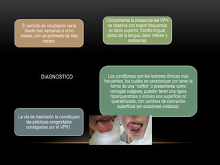 El período de incubación varía
desde tres semanas a ocho
meses, con un promedio de tres
meses.

DIAGNOSTICO

La vía de trasmisión la constituyen
las prácticas orogenitales
contagiadas por el VPH1.

Clínicamente la presencia del VPH
se observa con mayor frecuencia
en labio superior, frenillo lingual,
dorso de la lengua, labio inferior y
comisuras.

Los condilomas son las lesiones clínicas más
frecuentes, los cuales se caracterizan por tener la
forma de una “coliflor” o presentarse como
verrugas vulgares, pueden tener una ligera
hiperqueratosis o incluso una superficie no
queratinizada, con cambios de coloración
superficial (en ocasiones violácea).

 