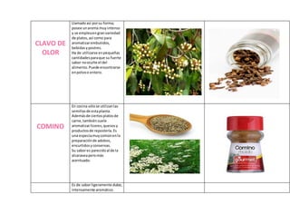 CLAVO DE
OLOR
Llamadoasí porsu forma;
posee unaroma muyintenso
y se empleaengranvariedad
de platos,así como para
aromatizarembutidos,
bebidasypostres.
Ha de utilizarse enpequeñas
cantidadesparaque su fuerte
sabor nooculte el del
alimento.Puede encontrarse
enpolvoo entero.
COMINO
En cocina sólose utilizanlas
semillasde estaplanta.
Ademásde ciertosplatosde
carne,tambiénsuele
aromatizarlicores,quesosy
productosde repostería.Es
una especiamuycomúnenla
preparaciónde adobos,
encurtidosyconservas.
Su sabores parecidoal de la
alcaraveaperomás
acentuado.
Es de saborligeramente dulce;
intensamente aromático.
 