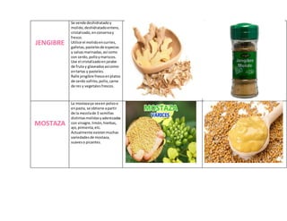 JENGIBRE
Se vende deshidratadoy
molido,deshidratadoentero,
cristalizado,enconservay
fresco.
Utilice el molidoencurries,
galletas,pastelesde especias
y salsasmarinadas,así como
con cerdo,polloymariscos.
Use el cristalizadoenjarabe
de fruta y glaseadosasícomo
entartas y pasteles.
Ralle jengibre frescoenplatos
de cerdo sofrito, pollo,carne
de res y vegetalesfrescos.
MOSTAZA
La mostazaya seaen polvoo
enpasta, se obtiene apartir
de la mezclade 3 semillas
distintasmolidasyaderezadas
con vinagre,limón,hierbas,
ajo,pimienta,etc.
Actualmente existenmuchas
variedadesde mostaza,
suaveso picantes.
 