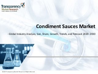 ©2019 TransparencyMarket Research,All Rights Reserved
Condiment Sauces Market
- Global Industry Analysis, Size, Share, Growth, Trends, and Forecast 2020- 2030
©2019 Transparency Market Research, All Rights Reserved
 