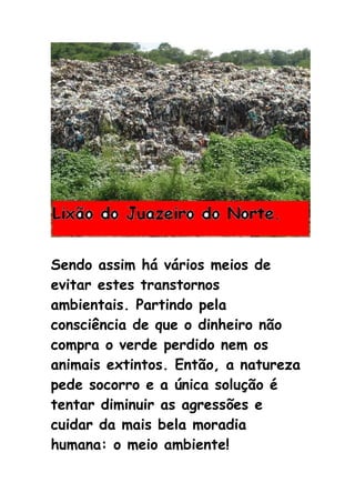 Sendo assim há vários meios de
evitar estes transtornos
ambientais. Partindo pela
consciência de que o dinheiro não
compra o verde perdido nem os
animais extintos. Então, a natureza
pede socorro e a única solução é
tentar diminuir as agressões e
cuidar da mais bela moradia
humana: o meio ambiente!
 