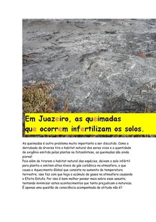 As queimadas é outro problema muito importante a ser discutido. Como a
derrubada de árvores tira o habitat natural dos seres vivos e a quantidade
de oxigênio emitida pelas plantas na fotossíntese, as queimadas são ainda
piores!
Pois além de tirarem o habitat natural das espécies, deixam o solo infértil
para plantio e emitem altos níveis de gás carbônico na atmosfera, o que
causa o Aquecimento Global que consiste no aumento da temperatura
terrestre; isso faz com que haja o acúmulo de gases na atmosfera causando
o Efeito Estufa. Por isso é bem melhor pensar mais sobre esse assunto,
tentando minimizar estes acontecimentos que tanto prejudicam a natureza.
É apenas uma questão de consciência acompanhada de atitude não é?
 