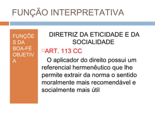 FUNÇÃO INTERPRETATIVA
FUNÇÕE
S DA
BOA-FÉ
OBJETIV
A

DIRETRIZ DA ETICIDADE E DA
SOCIALIDADE
ART. 113 CC
O aplicador do direito possui um
referencial hermenêutico que lhe
permite extrair da norma o sentido
moralmente mais recomendável e
socialmente mais útil

 