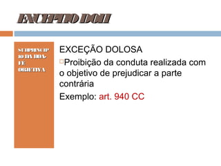 E CE TIO DOL
X P
I
SUBPRINCÍP
IO DA BOA-

FÉ
OBJETIVA

EXCEÇÃO DOLOSA
Proibição da conduta realizada com
o objetivo de prejudicar a parte
contrária
Exemplo: art. 940 CC

 