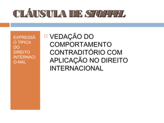 CLÁUSULA DE S
TOP E
PL
EXPRESSÃ
O TÍPICA
DO
DIREITO
INTERNACI
O-NAL



VEDAÇÃO DO
COMPORTAMENTO
CONTRADITÓRIO COM
APLICAÇÃO NO DIREITO
INTERNACIONAL

 